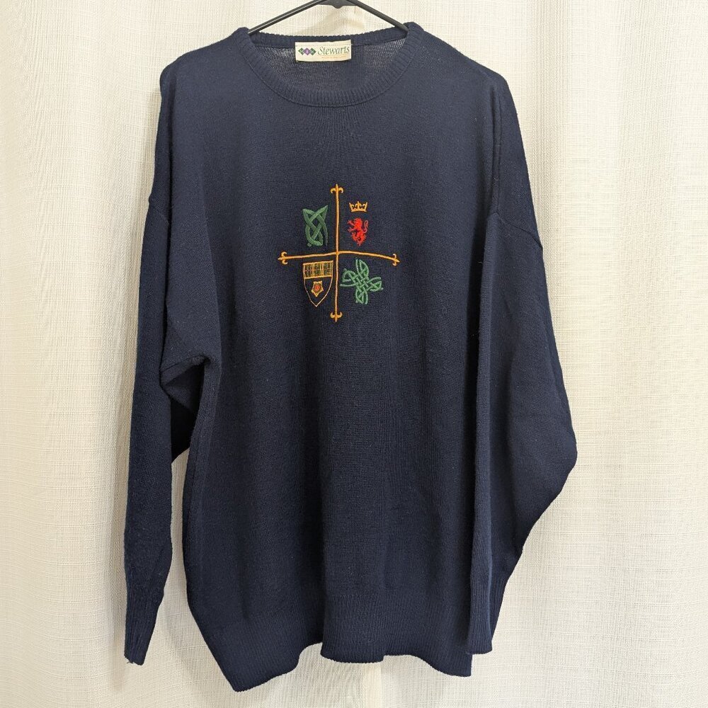 Vintage Stewarts of Scotland Wool Blend Crewneck Sweater Navy Made in UK L/XL